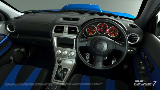 Vista interior del tablero del Subaru Impreza WRX STi 2004 en Gran Turismo 7